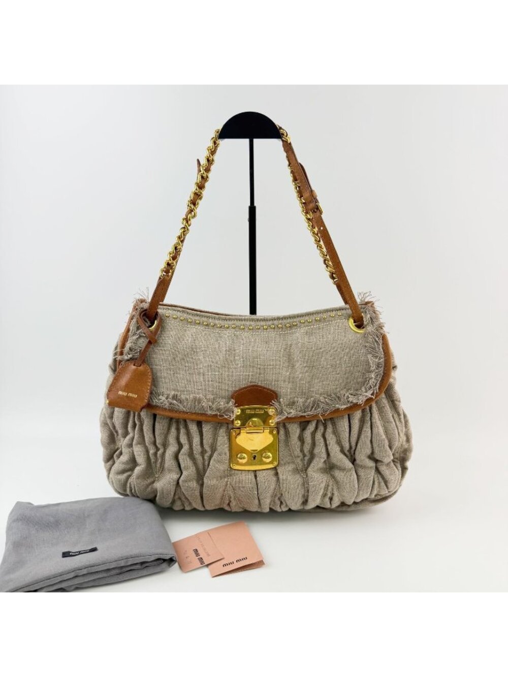 Miu Miu Matelasse Fringe Chain Shoulder Bag Canvas Leather Beige Brown Gold